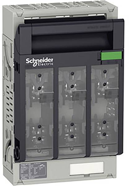 Ein grauer elektrischer Leistungsschalter von Schneider Electric mit drei transparenten Abschnitten zur Überwachung von Anschlüssen.