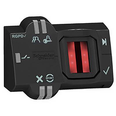 Ein schwarzes elektronisches Gerät mit einem roten Bildschirm und Symbolen für Personen und Kopfhörer. Herstellerlogo oben.