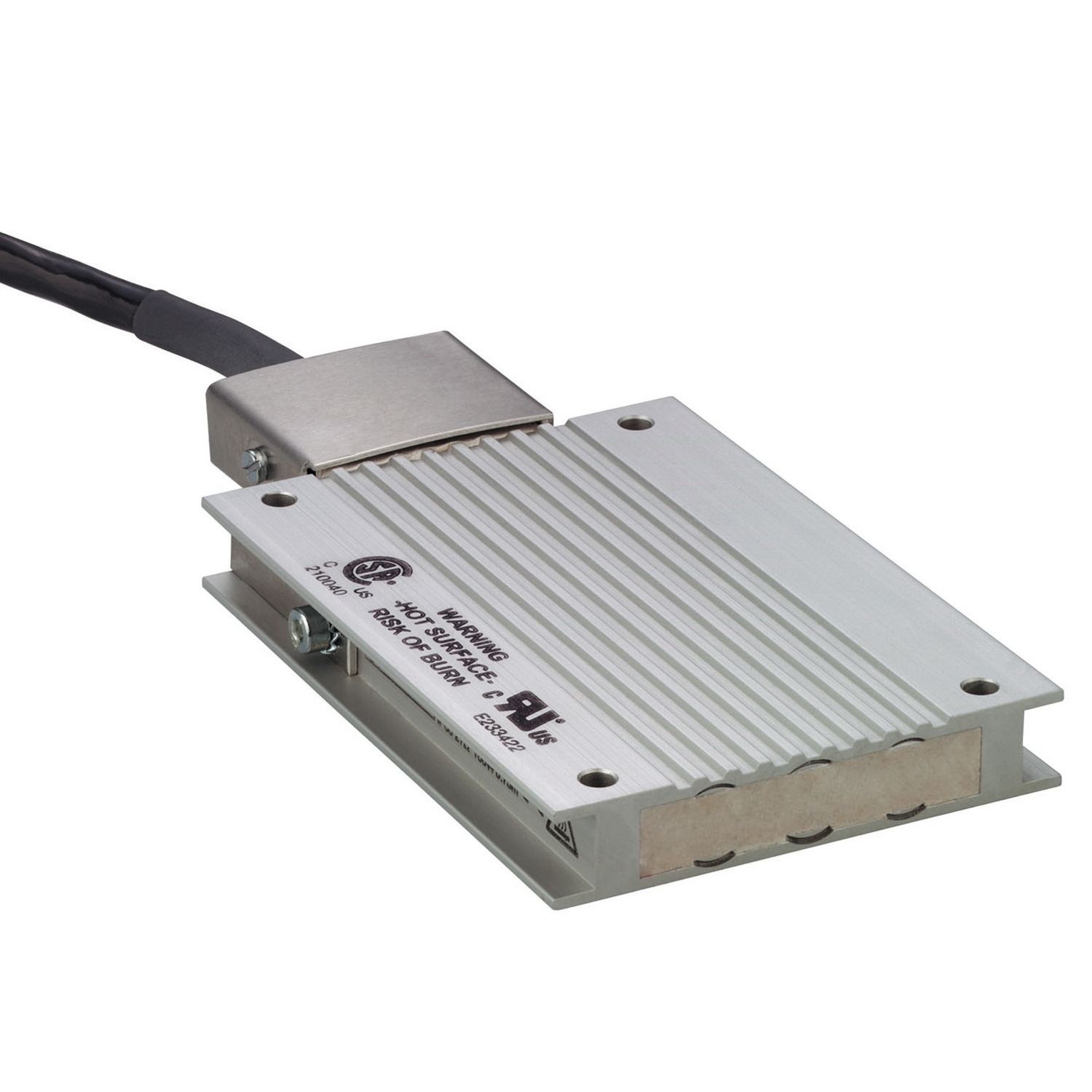 Ein rechteckiger, metallischer elektrischer Widerstand mit Kühlrippen, angeschlossen an ein schwarzes Kabel, montiert auf einer Basis.