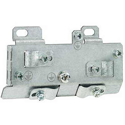 Ein silberner Metallanschlusskasten mit mehreren Schrauben und Anschlüssen, vermutlich zur Befestigung und Erdung elektrischer Komponenten.
