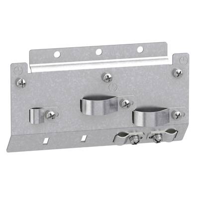 Metallische Halterung mit zwei runden Clips für die Befestigung an einer Wand. Sie hat Löcher für Schrauben zur sicheren Montage.