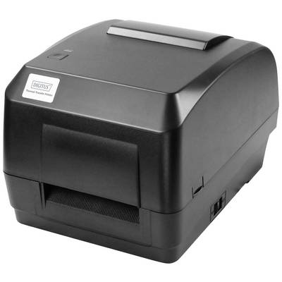 Schwarzer Thermodrucker mit rechteckigem Gehäuse, seitlicher Einschaltknopf und Papierausgabe vorne. Geeignet für Etikettendruck.