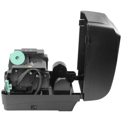 Ein geöffneter, schwarzer Kartendrucker zeigt interne mechanische Teile, einschließlich Zahnrädern und Kabeln, zur Wartung oder Installation.