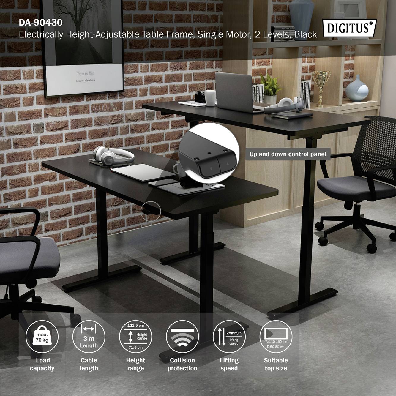 Ein höhenverstellbarer Schreibtisch mit moderner Büroausstattung, schwarzen Tischbeinen und Steuerpanel. Geeignet für ergonomisches Arbeiten.