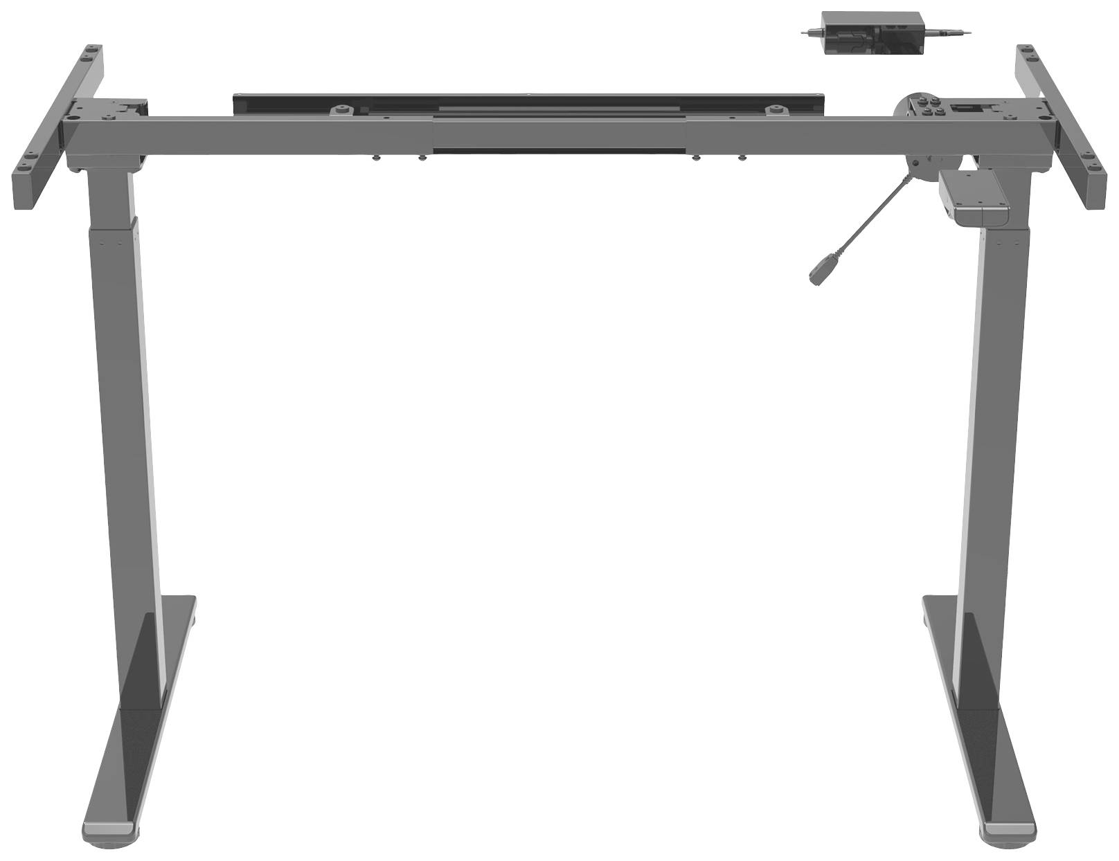 Höhenverstellbares Schreibtischgestell aus Metall, schwarz. Zwei Beine mit Elektronikmodul oben rechts. Hebel zur Höhenverstellung rechts.