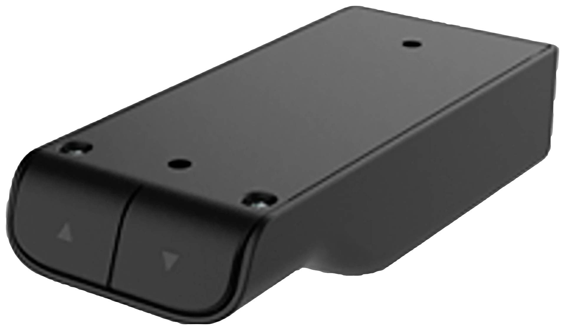 Schwarzer rechteckiger Plastikschalter mit zwei Pfeiltasten, einer nach oben und einer nach unten, an der Vorderseite.