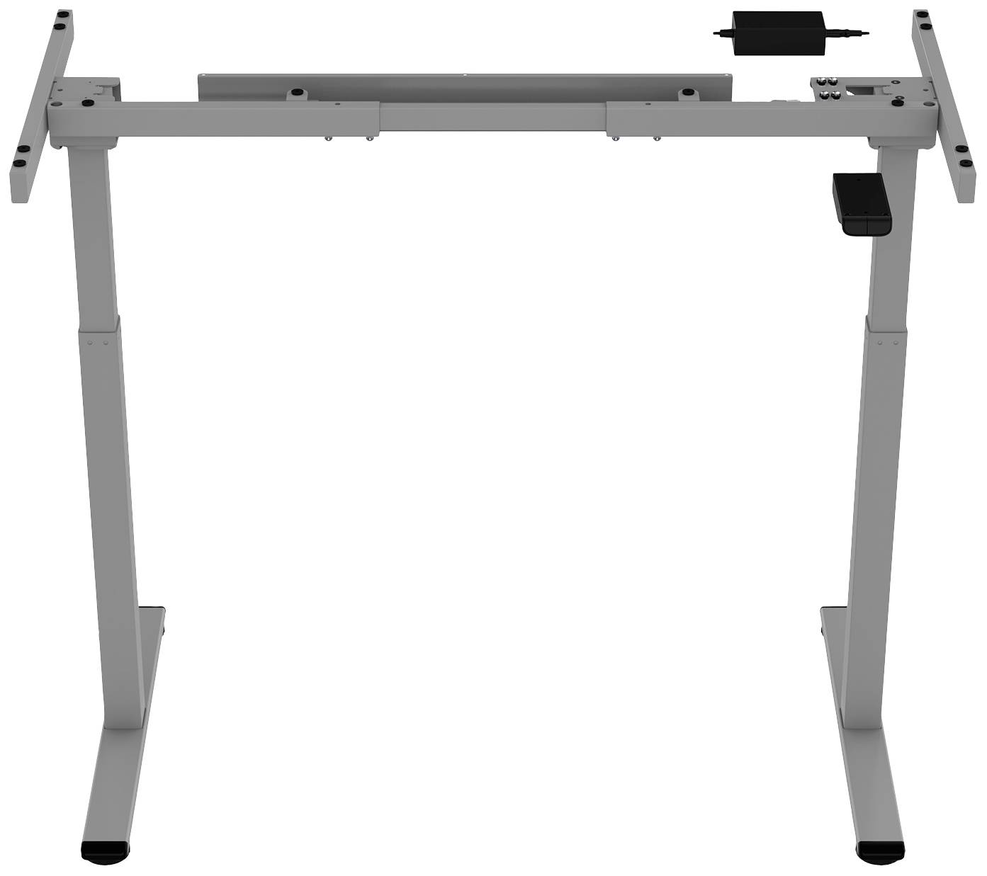 Elektrisch höhenverstellbares Tischgestell in grau mit zwei Beinen und Steuerungseinheit, geeignet für ergonomische Arbeitsplätze.