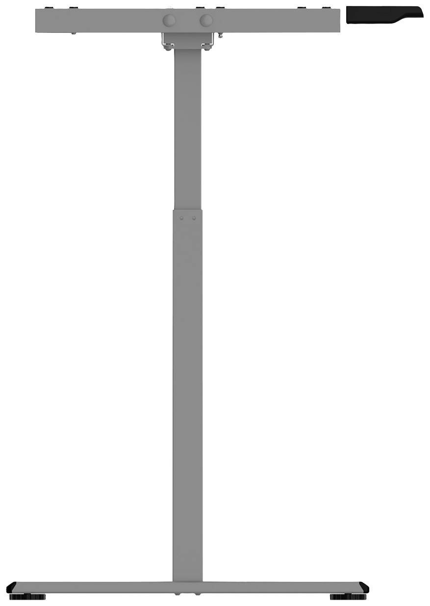 Graues, höhenverstellbares Tischgestell aus Metall in T-Form, ohne Tischplatte.