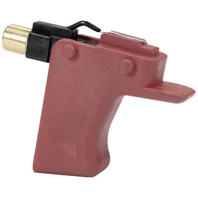 Rote Heißklebepistole, seitliche Ansicht, mit schwarzem und goldenem Düsenansatz.