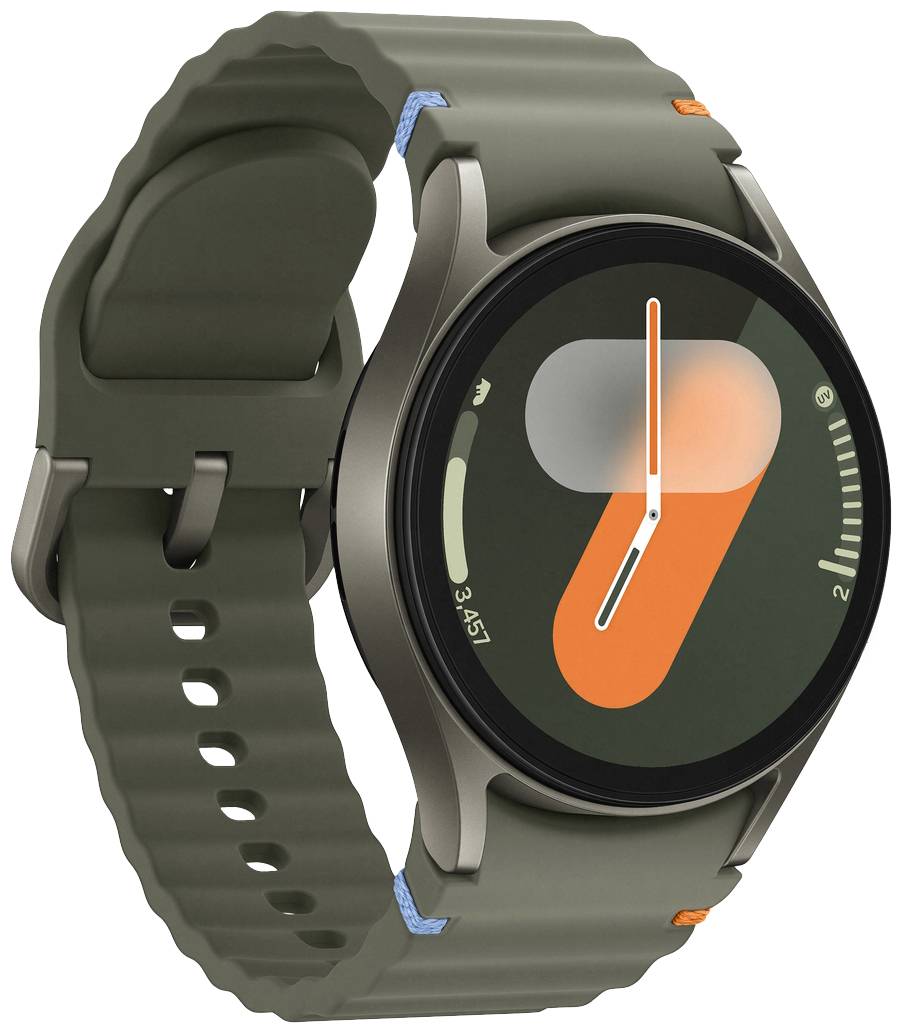 Eine grüne Smartwatch zeigt einen digitalen Bildschirm mit einer Grafik, die wie ein Thermometer aussieht, sowie einigen farbigen Markierungen.