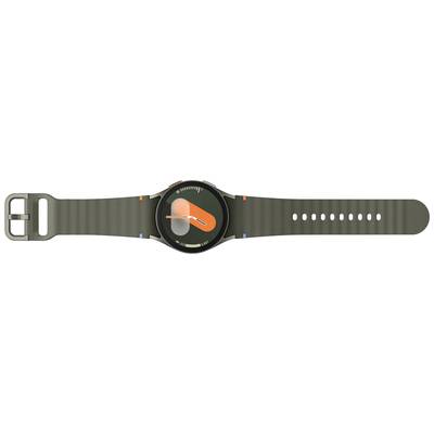 Eine Smartwatch mit dunkelgrünem Armband und rundem Zifferblatt zeigt die Uhrzeit in einem modernen Design mit einem orangefarbenen Zeiger.