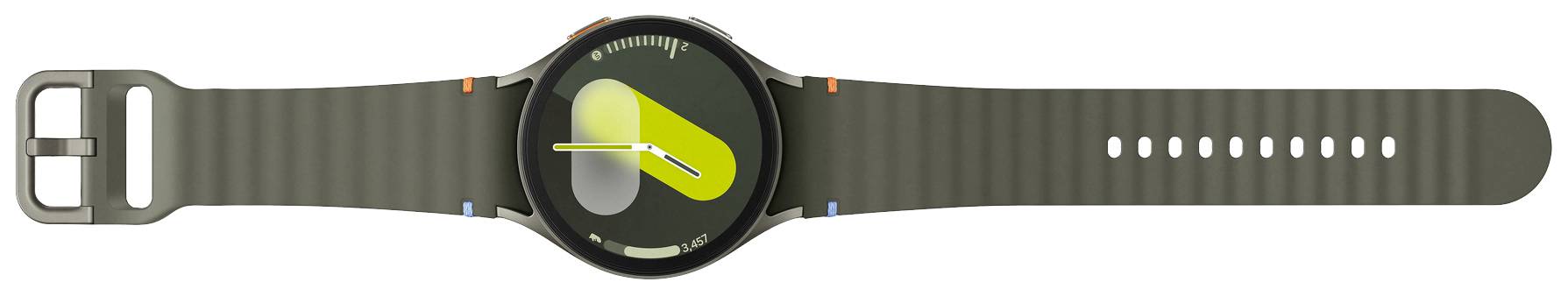 Grüne, rechteckige Smartwatch mit rundem Zifferblatt, digitaler Anzeige und Armband mit Löchern zur Größenanpassung.
