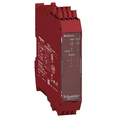 'Schneider Electric' Modicon Signalwandler in Rot, zeigt Statusanzeigen für Power und Run. 4 Inputs/Outputs mit zugehörigen LEDs.