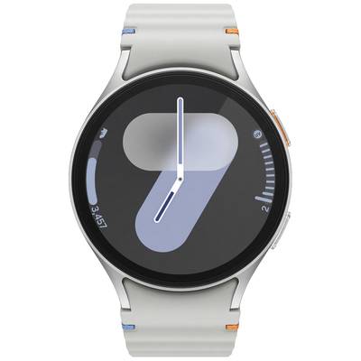 Eine moderne Smartwatch mit schwarzem Zifferblatt, stilvollem grauem Armband, zeigt die Uhrzeit 7 Uhr an.
