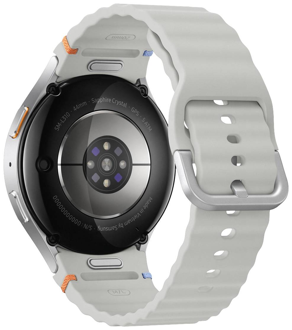 Eine Smartwatch mit rundem Gehäuse und grauem Armband, zeigt die Rückseite mit Sensoren; geeignet für Fitness-Tracking.