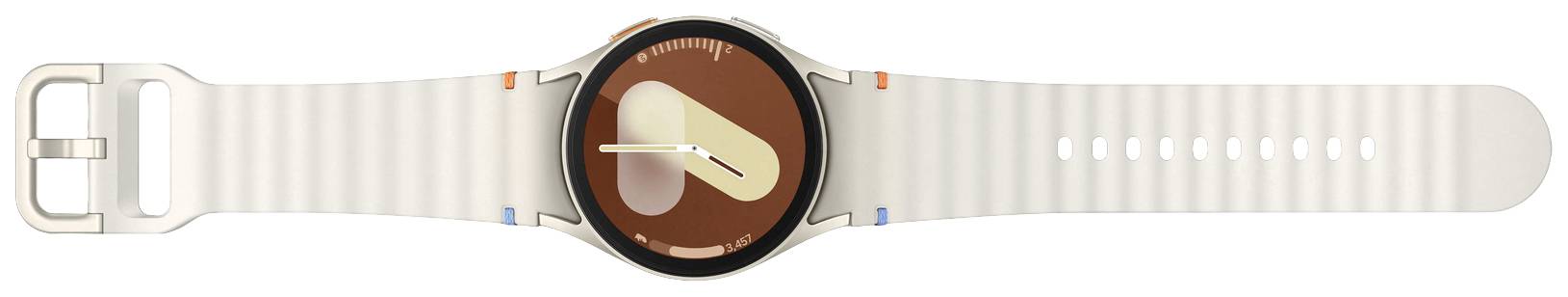 Weiße Smartwatch mit rundem Zifferblatt und farbigem Design. Das Armband ist aus Kunststoff mit Schnalle.