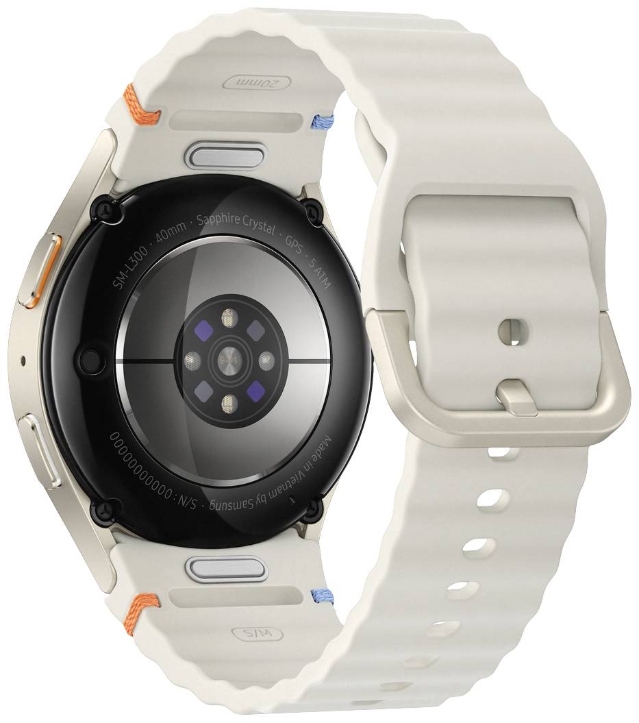 Eine Smartwatch von hinten gezeigt, mit einem hellen, strukturierten Armband und einem runden Gehäuse, das Sensoren enthält.