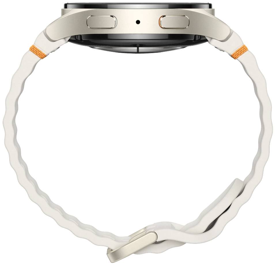Eine Smartwatch mit einem geriffelten weißen Armband und orangefarbenen Akzenten, seitlich mit zwei Tasten sichtbar.