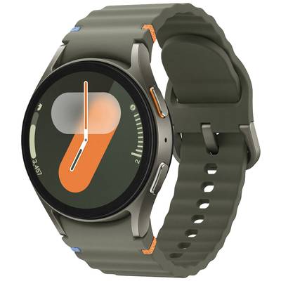 Eine schlanke, moderne Smartwatch mit grünem Armband und einem digitalen Zifferblatt, das die Uhrzeit grafisch darstellt.