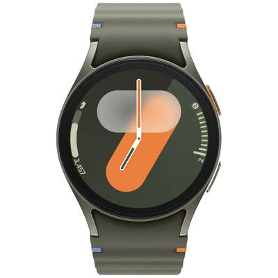 Eine moderne Smartwatch mit grünem Armband und einem minimalistischen Zifferblatt, das farbige Formen und analoge Zeiger zeigt.