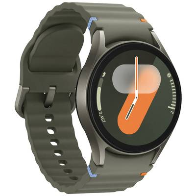 Eine Smartwatch mit grünem Armband und einer Anzeige, die eine halbkreisförmige Grafik mit Zahlen von 0 bis 7 zeigt.