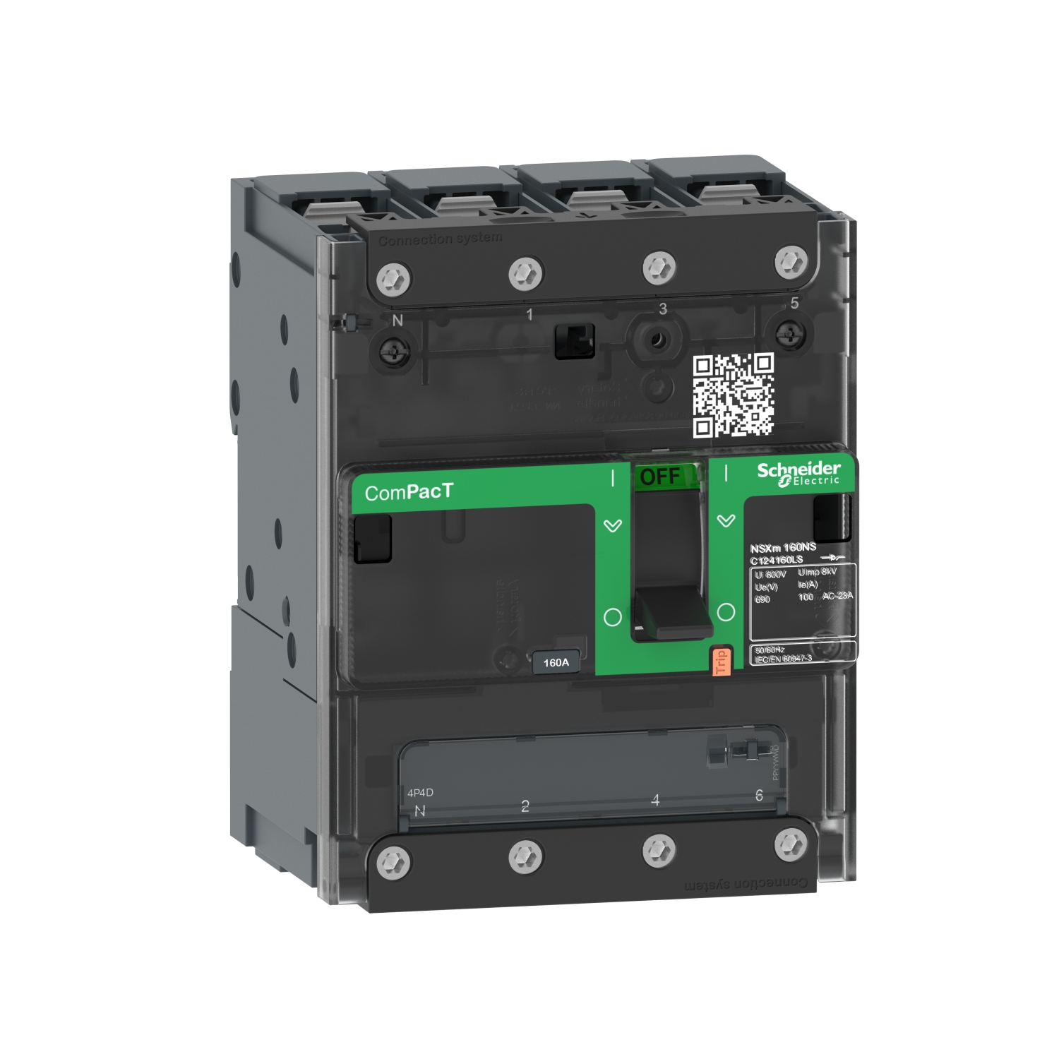 Ein Leistungsschalter von Schneider Electric mit grünem Etikett und QR-Code, Kapazität von 160A.