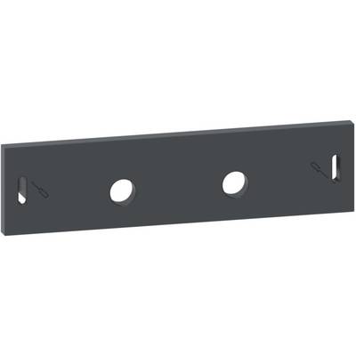 Schwarze Metallplatte mit drei Löchern, zwei Schlüssellochschlitzen an den Seiten.