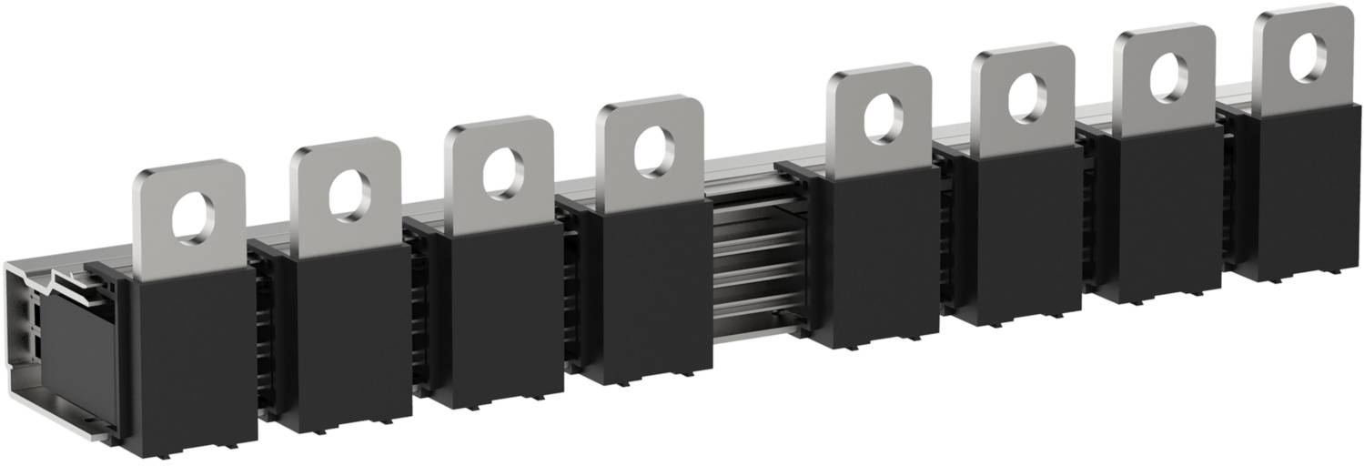 Metallschiene mit sieben schwarzen, rechteckigen Komponenten, die oben Ösen haben. Verwendung in Elektronik oder Verkabelung möglich.