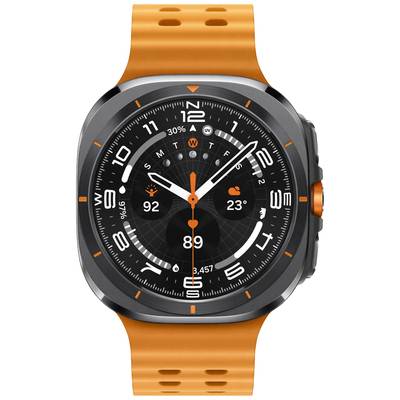 Digitale Armbanduhr mit schwarzem Zifferblatt und orangefarbenem Armband, zeigt Uhrzeit, Temperatur und Fitnessdaten.