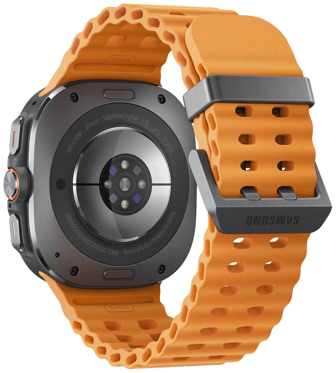 Rückseite einer smarten Armbanduhr mit orangefarbenem Armband und runder Sensorfläche.