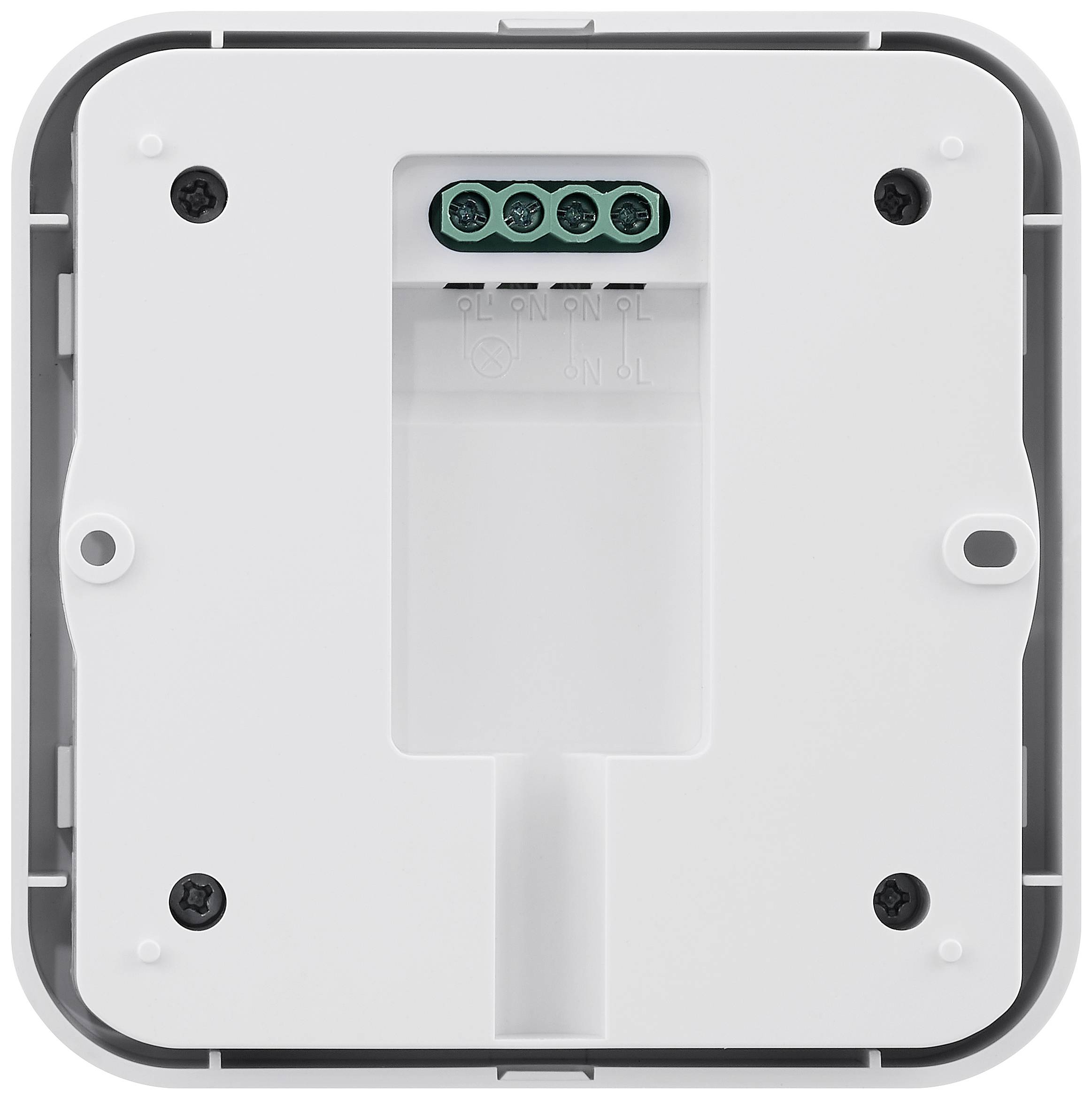 Rückseite eines weißen Geräts mit offenem Anschlussbereich in der Mitte und vier schwarzen Schrauben an den Ecken.