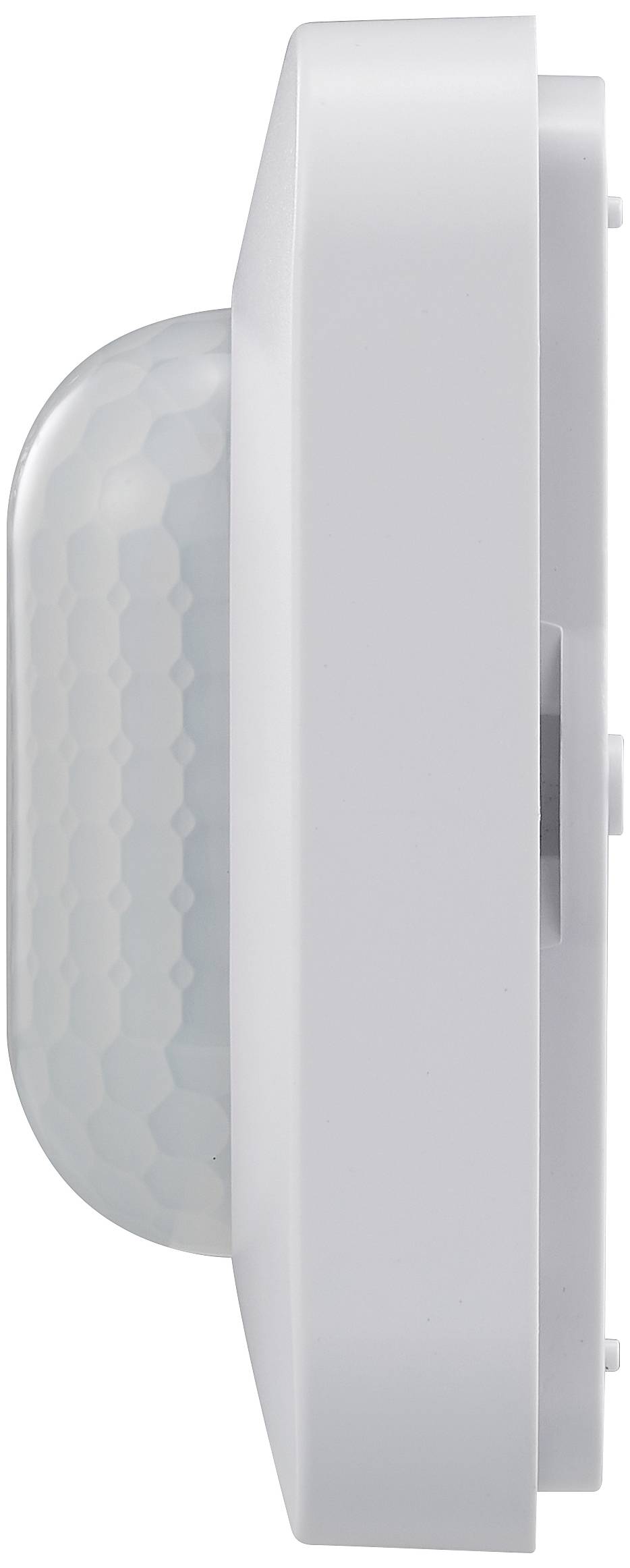 Ein seitlich ausgerichteter weißer Bewegungssensor mit einer gewölbten, durchscheinenden Abdeckung, die in einer neutralen Umgebung präsentiert wird.