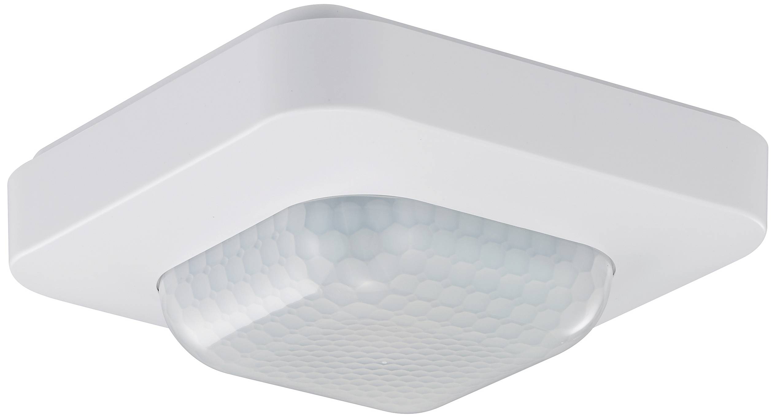 Quadratische, weiße LED-Deckenleuchte mit Bewegungssensor, montiert an einer Decke. Ideal zur automatischen Raumbeleuchtung.