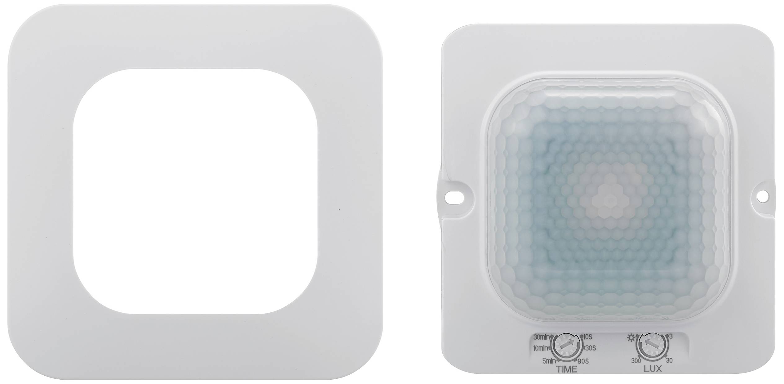 Zwei weiße quadratische Abdeckungen, eine mit einem offenen Innenbereich und die andere mit einem blauen Muster und Drehreglern unten.