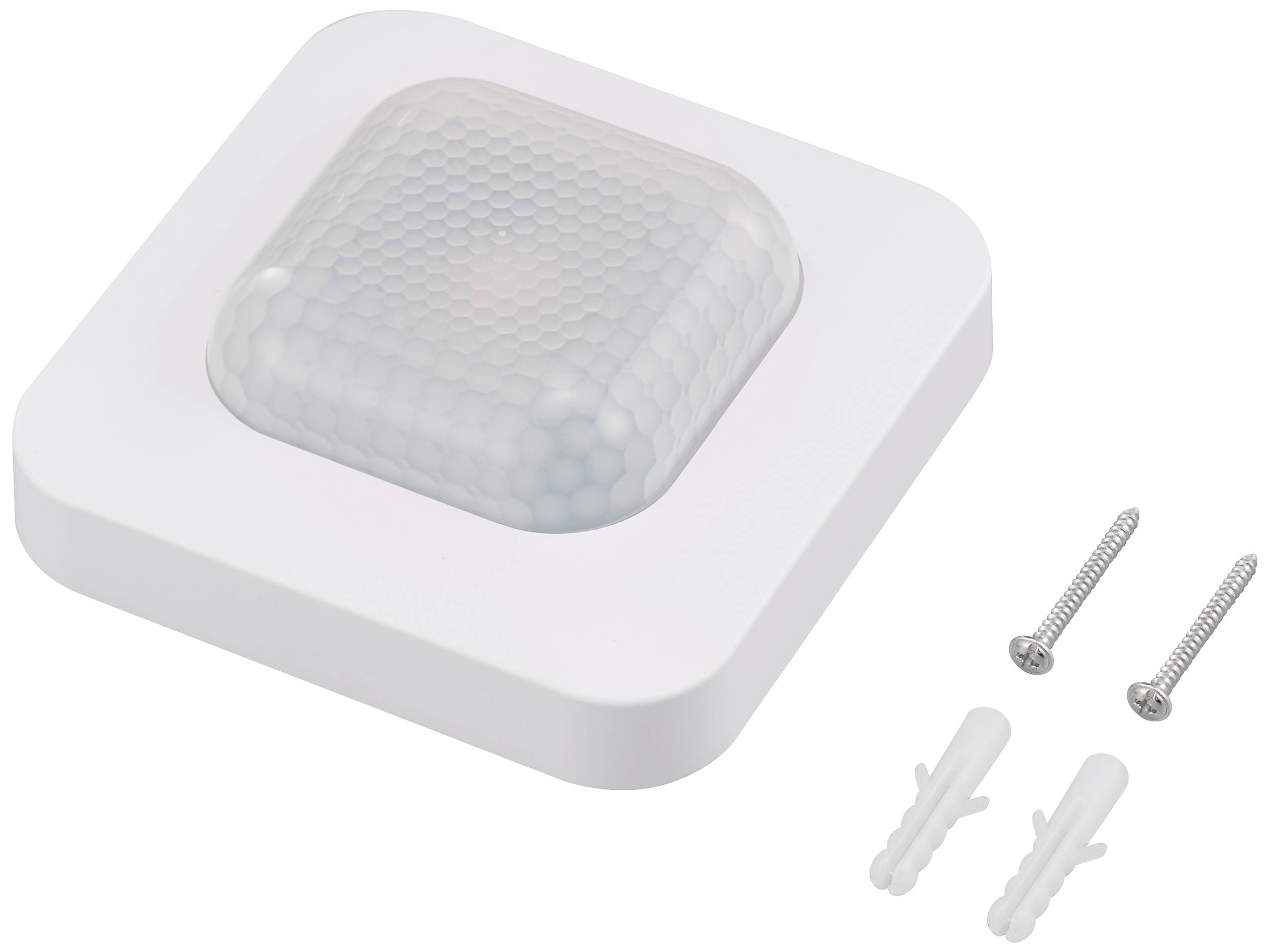 Ein quadratischer Bewegungsmelder mit weißem Gehäuse und Wabenoberfläche, neben zwei Schrauben und Dübeln zur Montage.