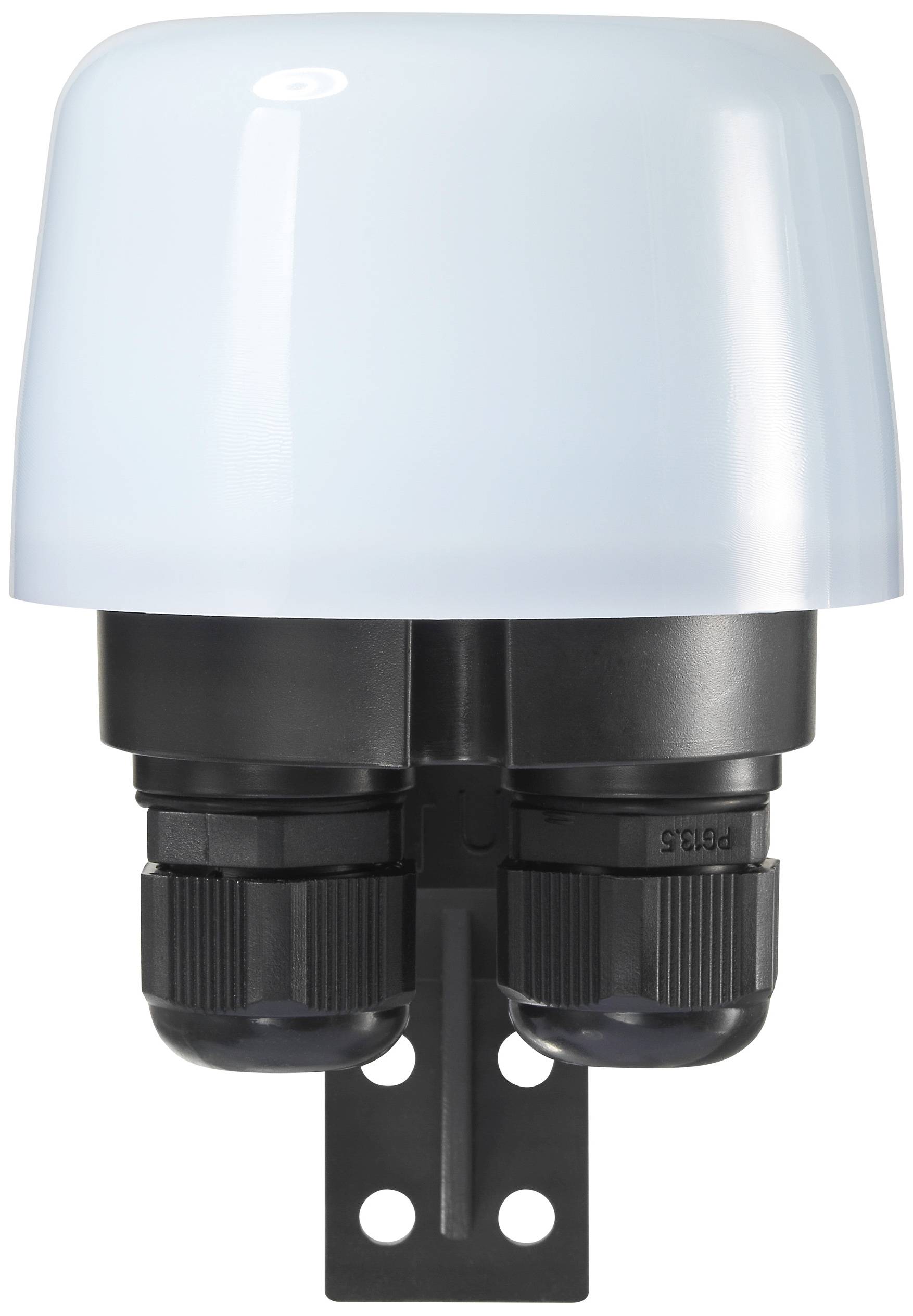 Ein weißer, kuppelförmiger Sensor mit schwarzem Gehäuse und zwei Kabelanschlüssen an der Unterseite, montiert auf einer Halterung.