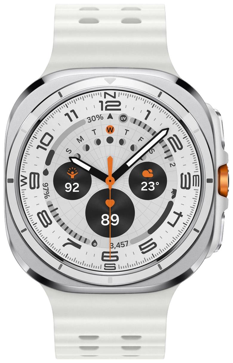 Eine silberne Smartwatch mit weißem Armband zeigt eine analoge Uhrzeit, Temperatur (23°C), Herzfrequenz (89) und Schritte (3,457) an.