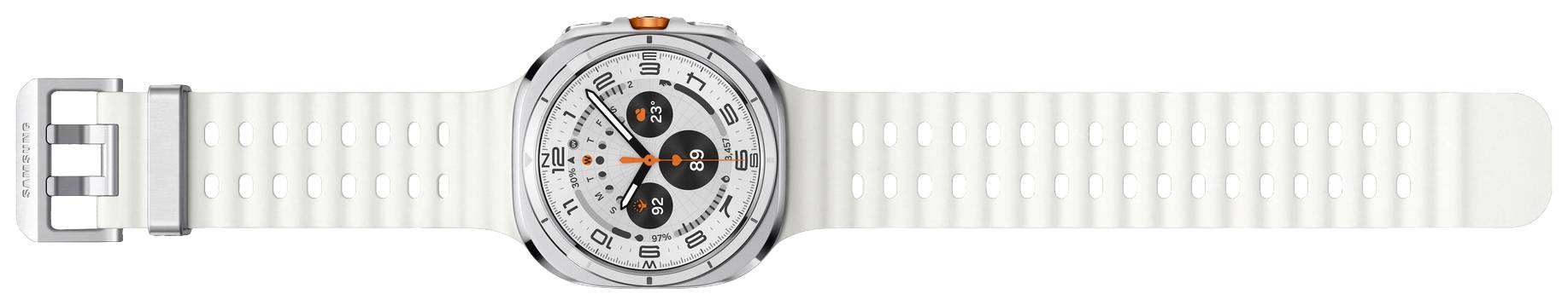 Weiße Armbanduhr mit rundem Zifferblatt, orangefarbenen Details und schwarzen Chronographenzifferblättern.