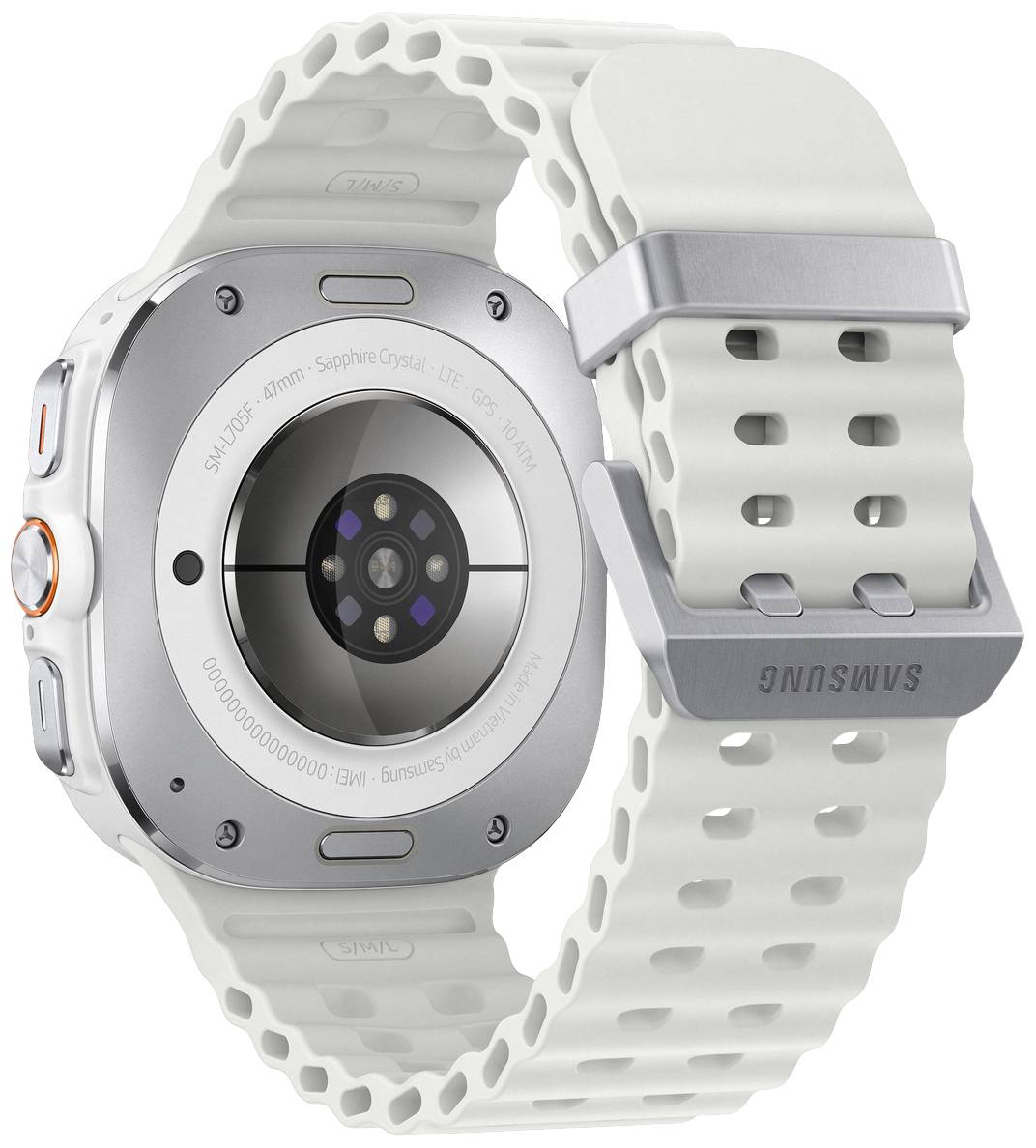 Eine silberne Smartwatch mit kreisförmigem Sensor auf der Rückseite, weißen Armband mit Lüftungslöchern und sichtbarem 'Samsung'-Logo.