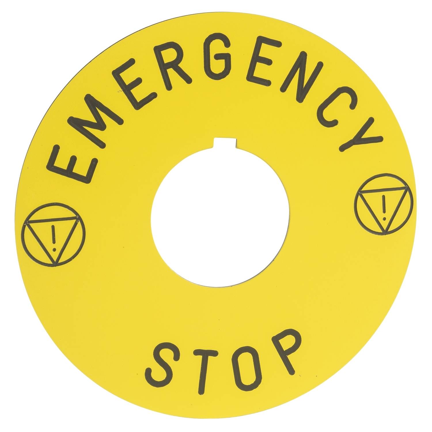 Gelbes Schild mit der Aufschrift 'EMERGENCY STOP' und zwei Warnsymbolen. Indikator für Not-Halt-Taste in technischen Umgebungen.