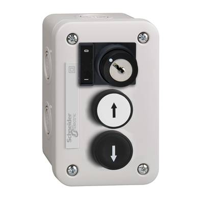 Schlüsselschalter von Schneider Electric mit schwarzem Schalter oben und Pfeiltasten für Aufwärts- und Abwärtsbewegung darunter.