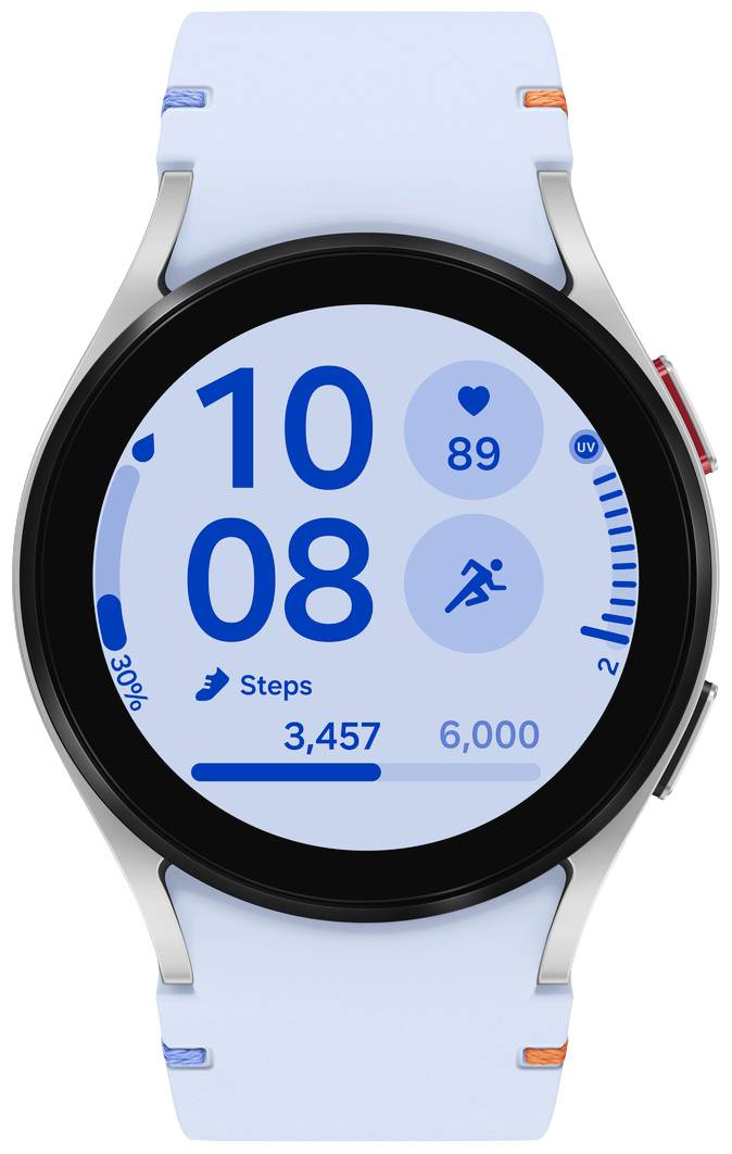 Digitale Armbanduhranzeige: Schritte 3.457 von 6.000; Herzfrequenz 89 BPM; blauer Fortschrittskreis bei 30%; Lauf- und Herzsymbol.