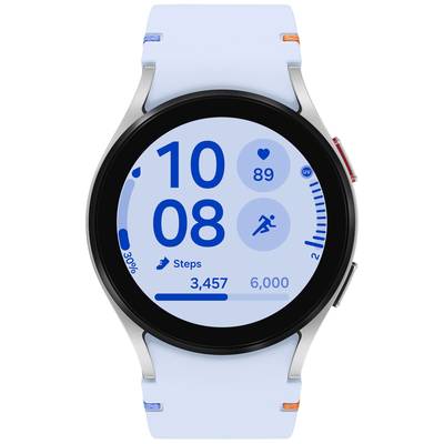 Digitale Armbanduhranzeige: Schritte 3.457 von 6.000; Herzfrequenz 89 BPM; blauer Fortschrittskreis bei 30%; Lauf- und Herzsymbol.