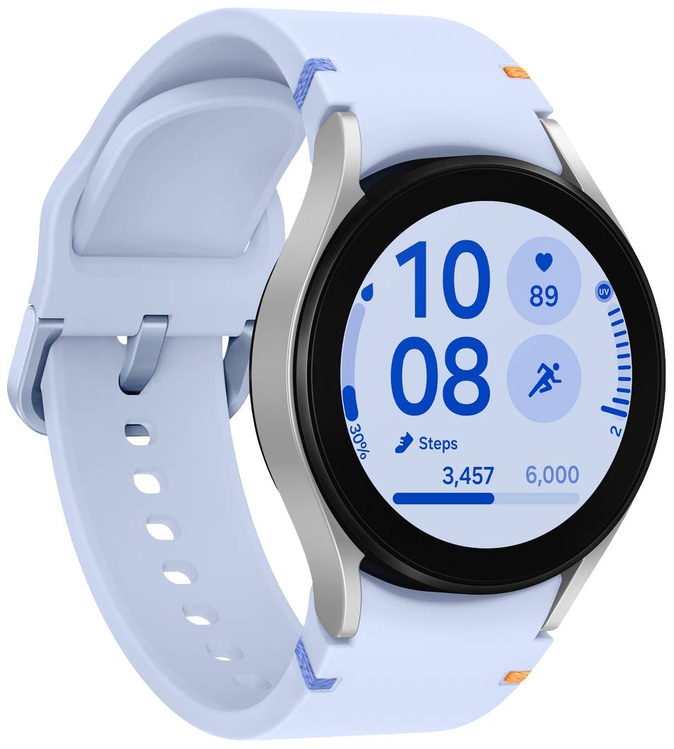 Eine blaue Smartwatch zeigt die Uhrzeit '10:08', Herzfrequenz, Schritte '3.457 von 6.000', und ein Aktivitätssymbol auf dem Display an.