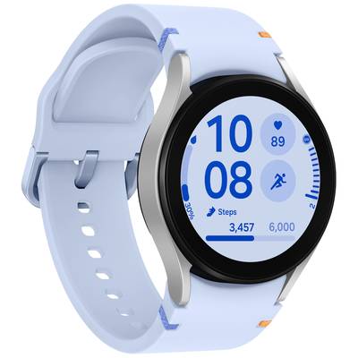 Eine blaue Smartwatch zeigt die Uhrzeit '10:08', Herzfrequenz, Schritte '3.457 von 6.000', und ein Aktivitätssymbol auf dem Display an.