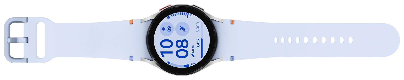 Smartwatch mit blauem Armband, digitaler Anzeige von Zeit und Datum, Symbole für Bluetooth und Wetter auf dem Bildschirm sichtbar.