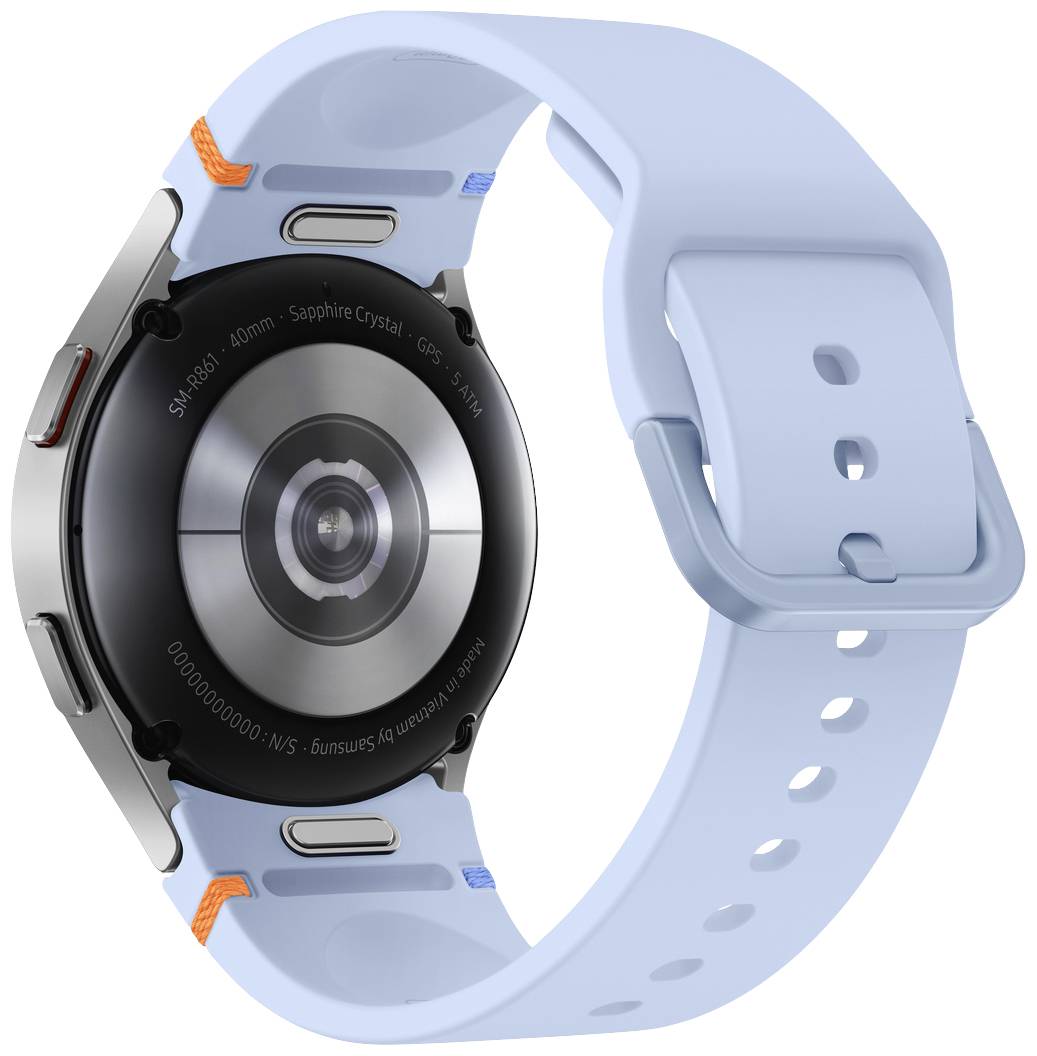 Rückansicht einer Smartwatch mit blauem Armband. Sichtbar sind Sensoren auf der Gehäuserückseite für Gesundheitsüberwachung.