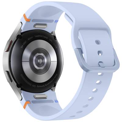 Rückansicht einer Smartwatch mit blauem Armband. Sichtbar sind Sensoren auf der Gehäuserückseite für Gesundheitsüberwachung.