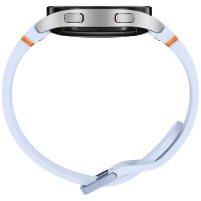 Rückansicht einer Smartwatch mit einem hellblauen Armband und zwei großen seitlichen Knöpfen auf der rechten Seite des Gehäuses.