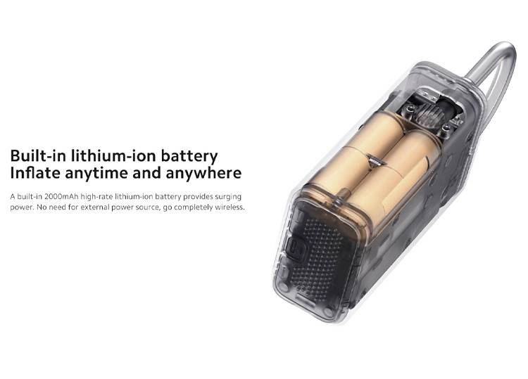 Eine tragbare Luftpumpe mit eingebautem Lithium-Ionen-Akku. Text: 'Built-in lithium-ion battery. Inflate anytime and anywhere.'